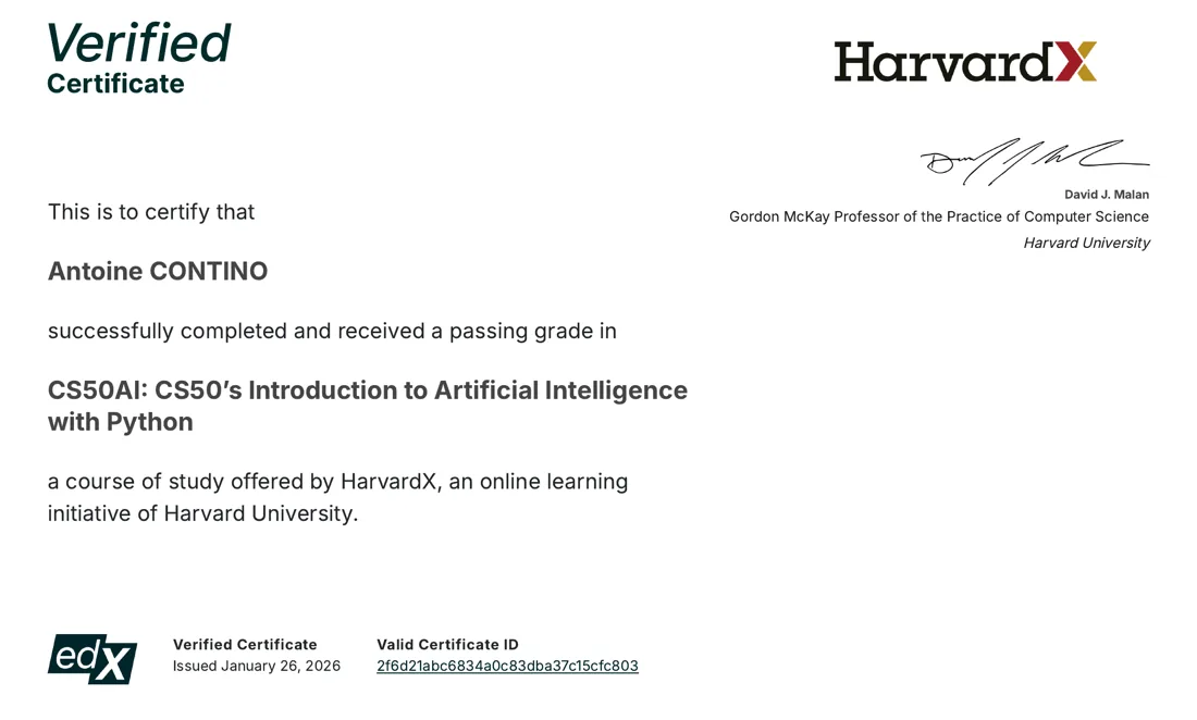 Certificat HarvardX CS50AI d’Antoine Contino